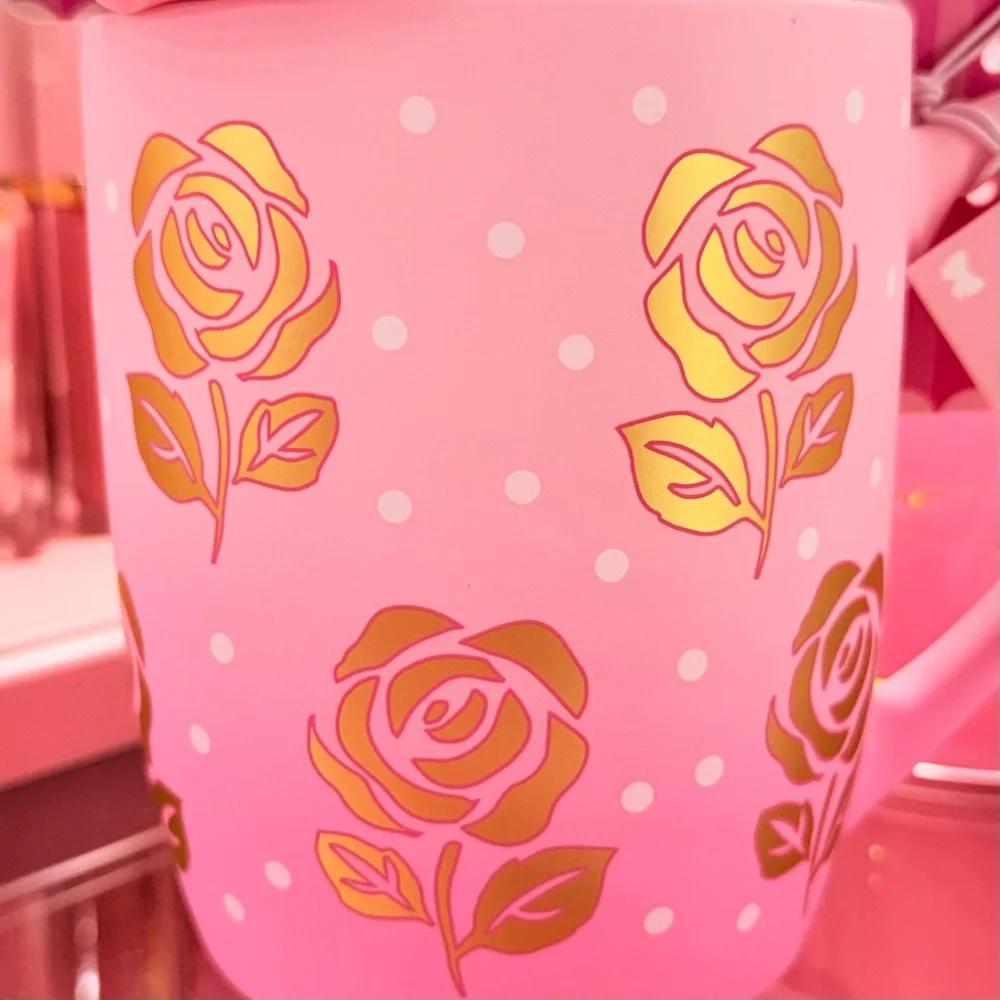 Pink & Gold Rose Ceramic Coffee Cup Petal & Pearl Satin Scrunchie Gift Set